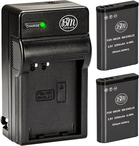 BM Premium 2 EN-EL23 Batteries & Charger for Nikon Coolpix P900 B700 & P600 | 2 EN-EL23 replacement batteries compatible with Nikon Coolpix P900, B700, P600, P610, S810c and other EN-EL23 cameras