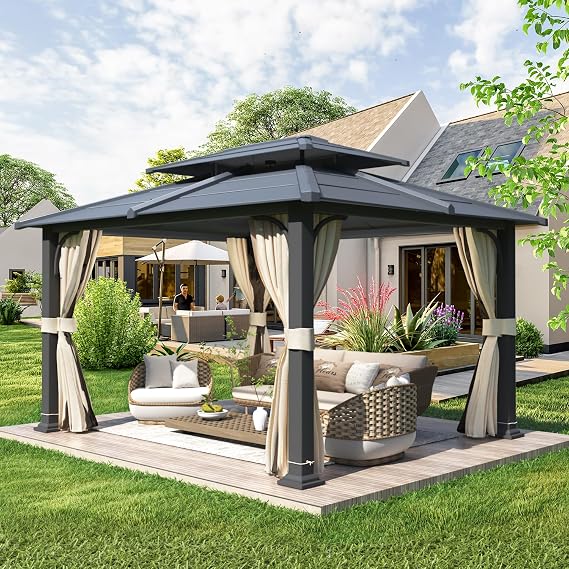 YOLENY 12x 14 Gazebo with Galvanized Steel Roof, Double Roof Design with Anti-Rust Coating, Outdoor Gazebos with Curtains and Netting, Sunshade for Gardens, Lawns, Deck