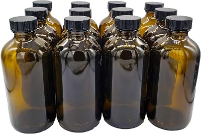 MagJo Naturals, Boston Round Glass Bottles with caps 8 Ounce Amber 12 Pack packaged in the USA