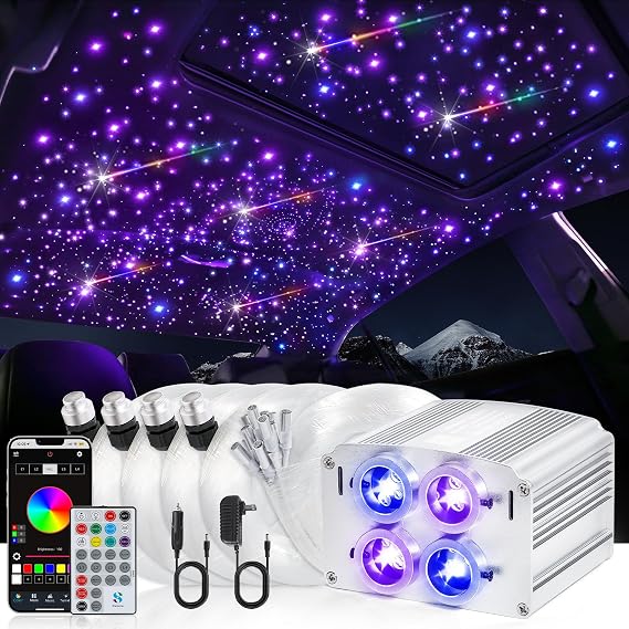 Car Starlight Headliner Kit, 4 Colors 32W Twinkle & Meteor Star Ceiling Lights, 2 in 1 Fiber Optic Light 4 Port Engine 800pcs*0.03in*13.1ft+240 RGBW Shooting Stars Lights for Car Home Roof Decor
