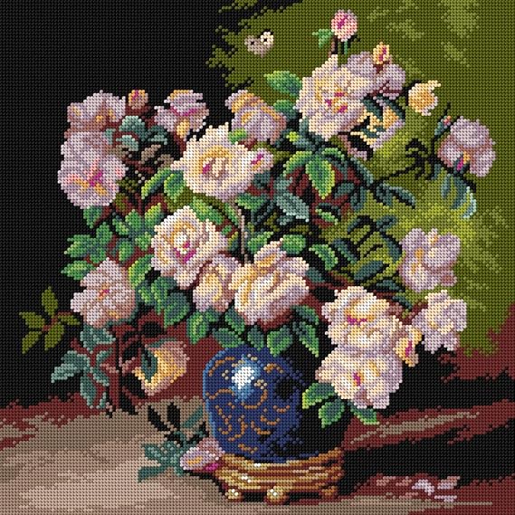 Wizardi Needlepoint Canvas for halfstitch Without Yarn Roses in a Cobalt Vase 3480L Orchidea