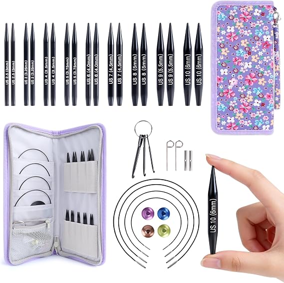 Reessy Short Interchangeable Circular Knitting Needles Set 2 Aluminum Tips (3.06.0mm), 2040cm Cables Interchangeable Shortie Needles for Socks, Sleeves & Small Projects