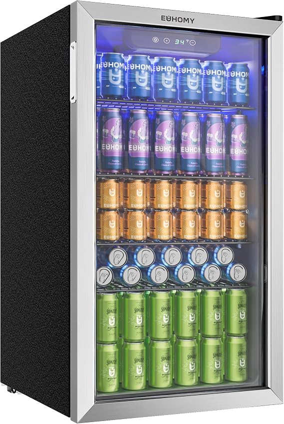 EUHOMY 93L Drinks Fridge, 126 Can Beer Fridge with Glass Door, Wine fridge with Adjustable Shelves for Soda Beer or Wine, Home/Bar/Office, Silver, Steel, One-Touch Control [Energy Class F] [Energy Class F]
