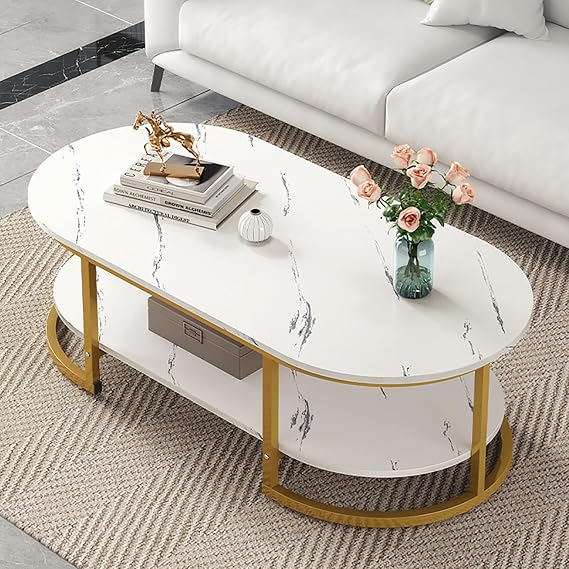 Modern Marble Coffee Table,2 Tier Coffee Table with Open Storage Shelf,Center Table with Gold Metal Frame,Cocktail Table for Living Room(47.3" L x 23.7" W x 17.8" H, White)