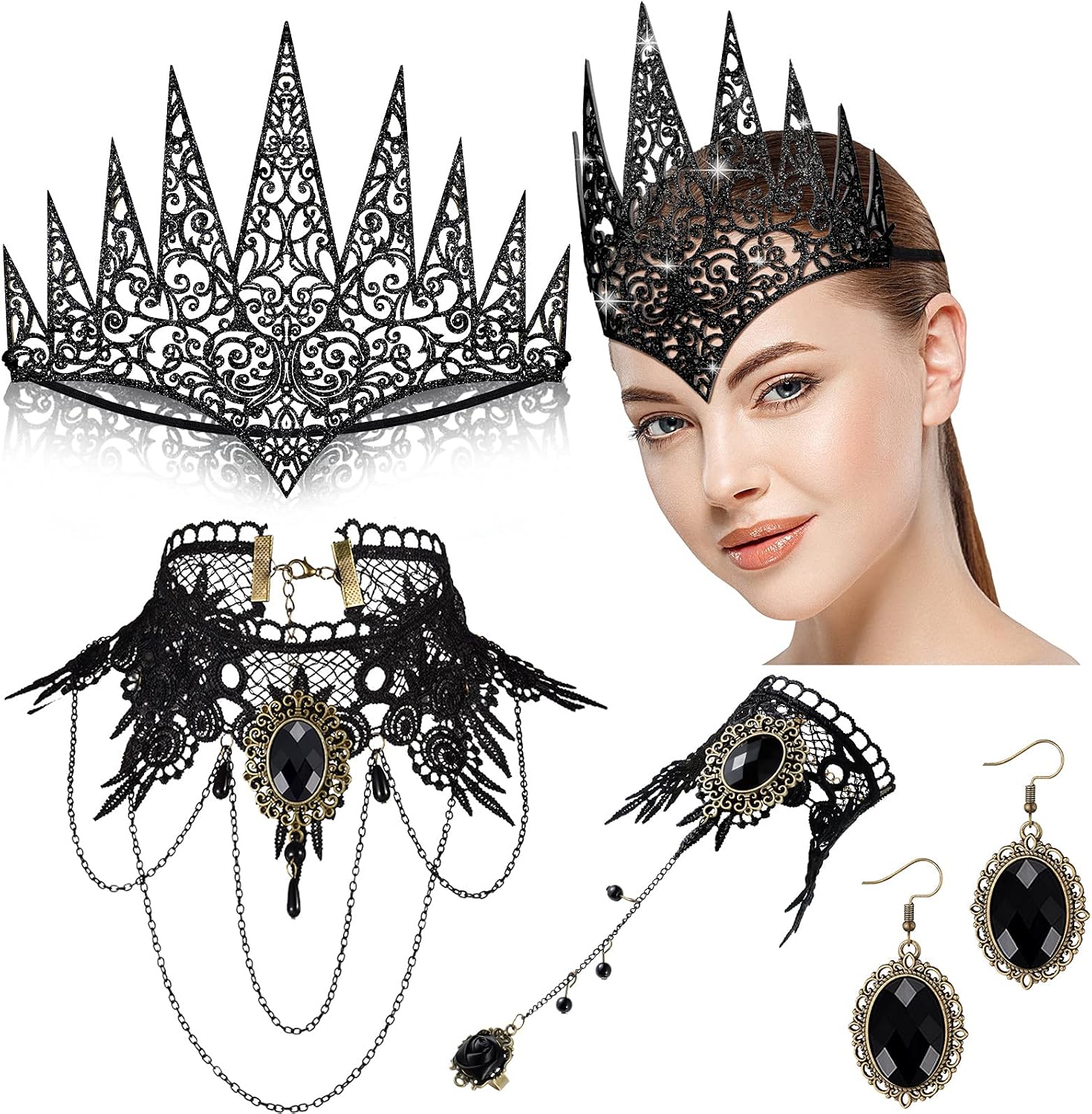 Die Cut Royal Goth Vintage Accessories Black Choker Lace Punk Gothic Necklaces Classic Earrings Bracelet Halo Crown for Halloween Costume Wedding Women and Girls