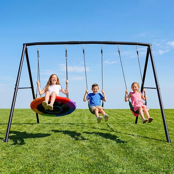 Hapfan 3 Seat Swing Set for Backyard with Saucer & Belt Swings