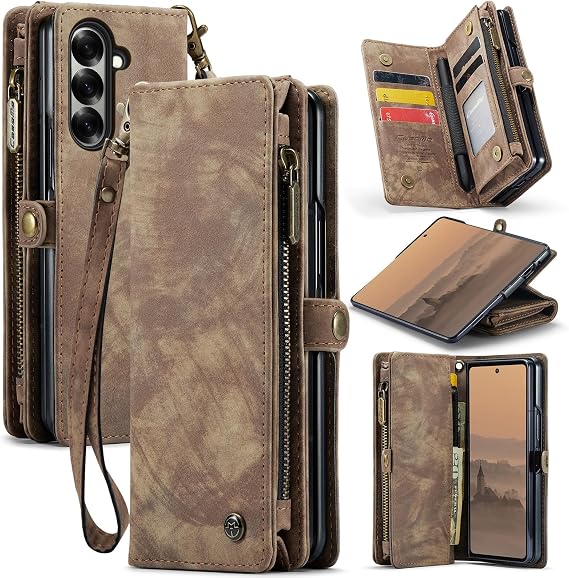 CaseMe Wallet Case for Samsung Galaxy Z Fold 7, Multi-Function Retro Handmade Durable Leather Zipper Wrist Strap Magnetic Closure Case with Card Slots and S-Pen Holder for Galaxy Z Fold 7 (Brown)
