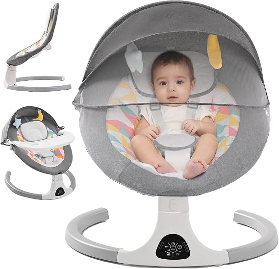 Baby Bouncer from Birth, Electric Baby Swing Chair with Bluetooth, 5 Swing Speed, 3 Angle Position, Remote Control & Touch Panel Baby Rocker with Detachable Tray and Canopy with Mosquito Net Grey