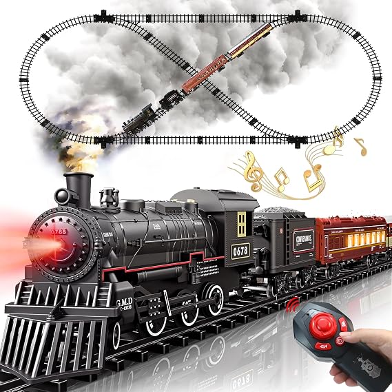 Train Set - Remote Control Train Toys w/Luxury Track & Lighting Passenger Carriage, Train Sets w/Smoke,Whistle & Lights, Train Toys Decoration for 3 4 5 6 7 8 Boys Girls