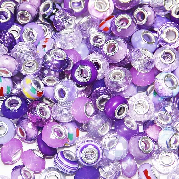 Exway 60pcs Purple Large Hole European Craft Beads, 13mm Diameter, 8mm Thick, 5mm Hole, Resin Material, Round Shape, Loose Beads, Perfect for DIY Pens, Jewelry, Fairy Wands, Garden Decor