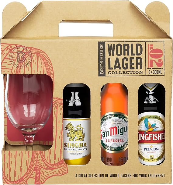 Brew House World Lager Selection Gift Box, includes 3x330ml Lagers and Chalice Glass, Gift Set for Lager Lovers, Premium Packaging for Birthdays and Christmas