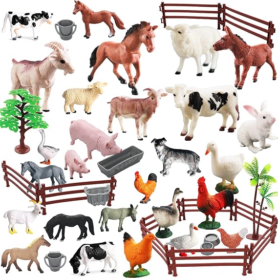 Yowlieu Realistic Farm Animal Figures Toys, 44 Pcs Plastic Farm Figurines Playset Includes Fences Mini Farm Animal Cake Topper Learning Toy Set for Kids & Toddlers