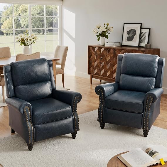 Lumibee Pushback Recliner Chair,Upholstered Wingback Chair for Small Spaces,2 Set of PU Leather Armchair for Living Room,Single Sofa Accent Chair Reading Seat for Balcony,Bedroom-Navy Blue