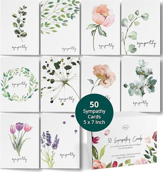Dessie 50 Different Sympathy Cards With Greetings Inside. 5x7 Inch 50 Condolence Cards With Crisp Designs, Envelopes And Matching Floral Sealing Stickers