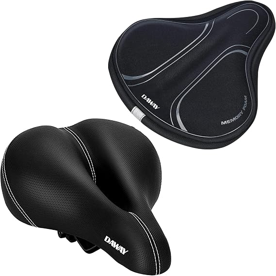 DAWAY C10 Comfortable Wide Bike Saddle and C3 Black Soft Memory Foam Padded Bicycle Seat Cover for Men Women, Universal Fit for Outdoor Indoor Exercise Bikes