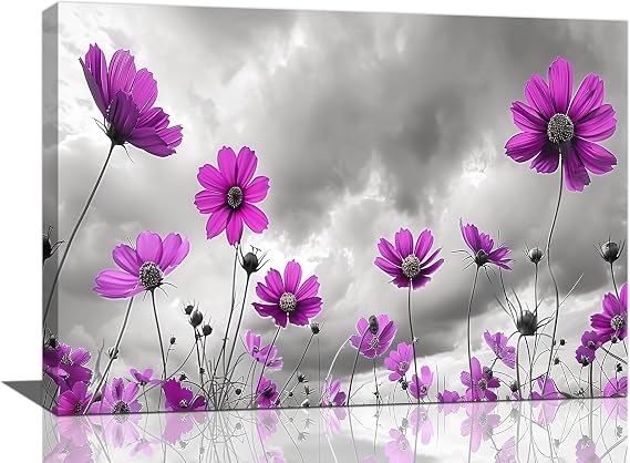 Large Flower Canvas Wall Art Black and White Landscape Painting Purple Flowers Pictures Big Florals Wall Decor Huge Floral Artwork Over Bedroom Modern Home Decorations for Living Room Office 24"x16"