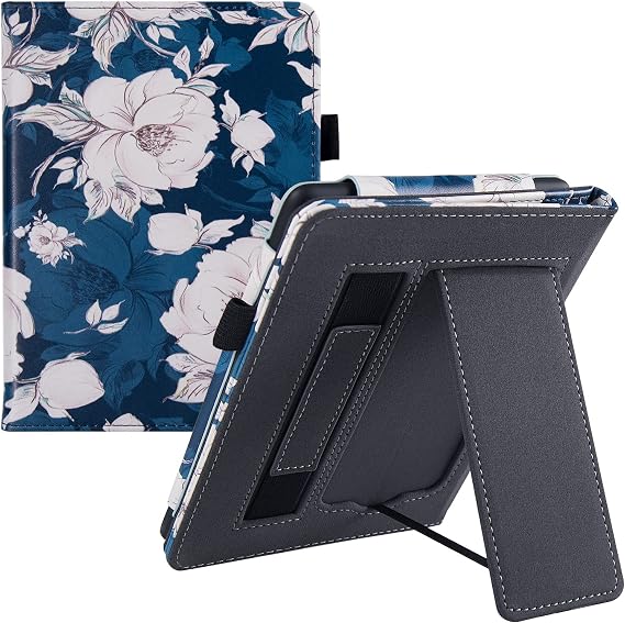 Stand Case for 6.8" Kindle Paperwhite 11th Generation - 2021 & Paperwhite Signature Edition e-Reader - PU Leather Sleeve Cover with Hand Strap/Auto Wake/Sleep, Blue Peony