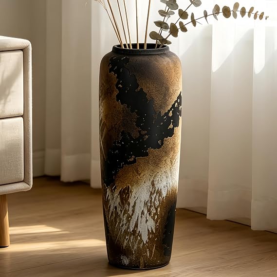 19.6 inch Vintage Ceramic Farmhouse Vase for Dried Flowers,brown Floor Vase,Pampas Grass or Decorative Branches, Perfect for Living Room, Entryway or Table Decor, Mantel