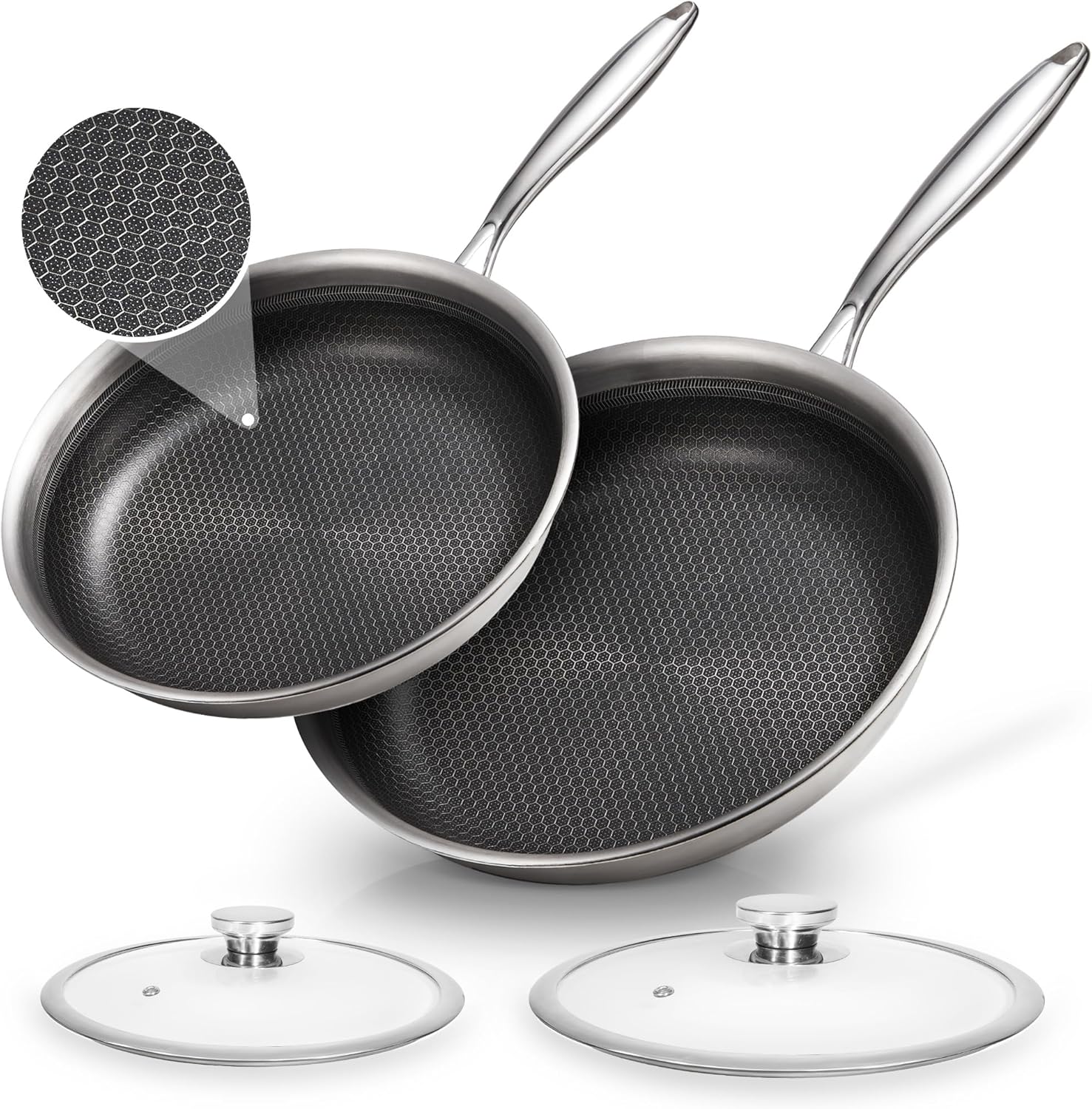 KOKHUB Non Stick Frying Pans Set with Lid, 24+28cm Hybrid Tri-Ply Stainless Steel Skillets, Non-Toxic, Oven Safe, Induction Cooking Pan, Compatible with All Cooktops