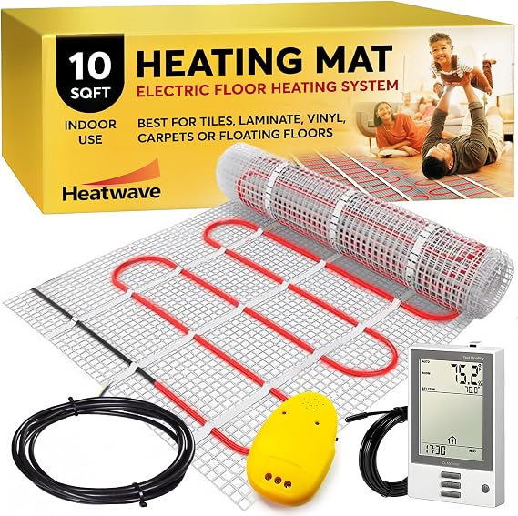 10 sqft Heatwave Electric Floor Heating Kit with Thermostat | Heated floor system for bathrooms & kitchens | Programmable GFCI thermostat with sensor | 110/120 volts & 120 watts