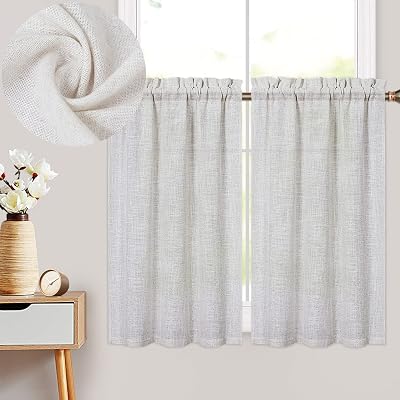 CAROMIO Cafe Curtains 24 Inch Length, Linen Blend Textured Farmhouse Tier Curtains for Kitchen Small Half Window Curtains for Bathroom, Natural
