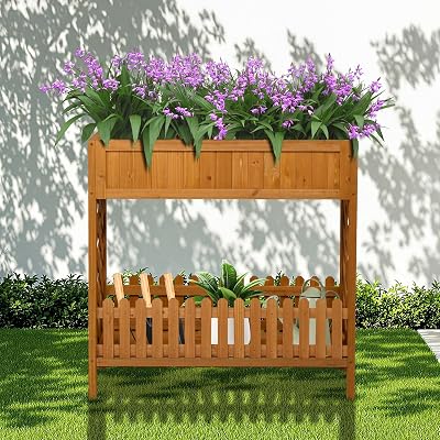 Outdoor Wood Raised Garden Bed, 2 Tiers Elevated Wooden Planter Box Stand with Storage Shelf and Legs, Multi-Functional Tall Outdoor Display Rack for Vegetable Flower Backyard Patio Balcony