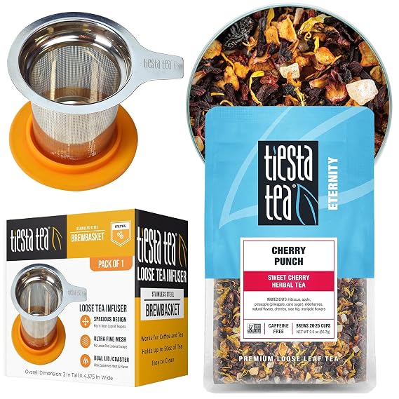 Tiesta Tea - Cherry Punch Herbal Tea and Brewbasket Infuser Bundle, Sweet Cherry Herbal Tea, Non-Caffeinated, 2oz Refillable Pouch with 5oz Reusable Stainless Steel Strainer