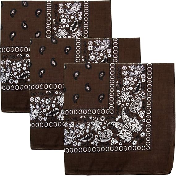3 PK Cowboy Bandanas 100% Cotton 22 x 22 inch - Dark Brown