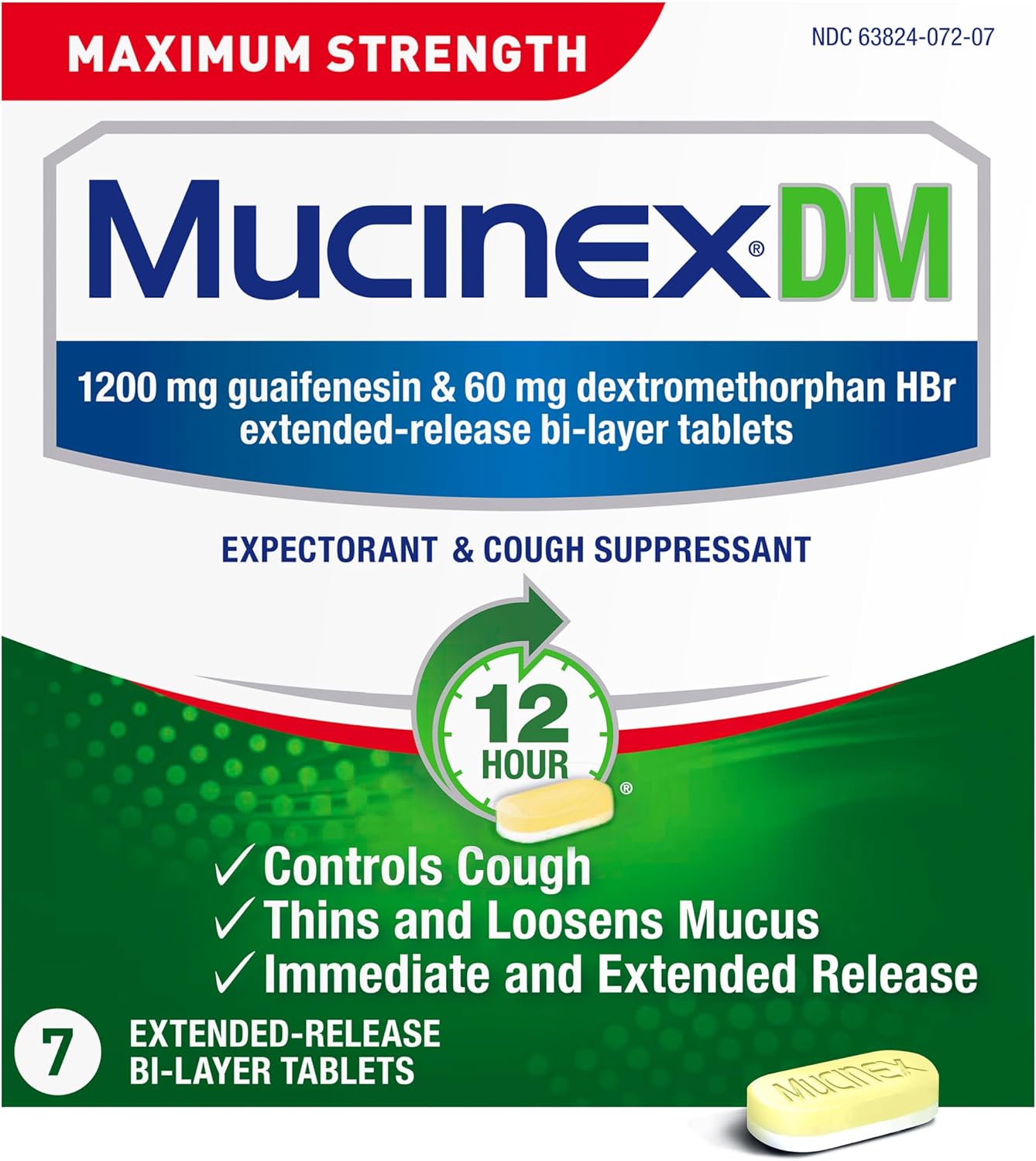 Cough Suppressant and Expectorant, Mucinex DM Maximum Strength 12 Hour Tablets, 7ct, 1200 mg Guaifenesin, Relieves Chest Congestion, Quiets Wet and Dry Cough, #1 Doctor Recommended OTC expectorant