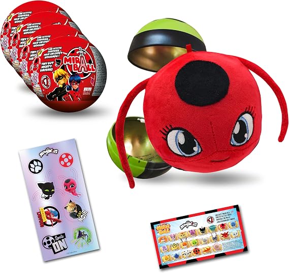 Miraculous Ladybug, 4-1 Capsule Collectible Toy, [PACK OF 4], Surprise Miraball with expanding Plush Kwami, Collectible Character Metal Case, Glittery Stickers & hanging Display Ribbon