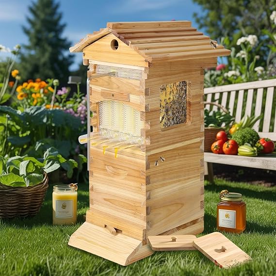 Bee Hive Starter Kit with Automatic Nectar Harvesting Frames, Self-Flowing Honey Wooden Boxes, Beehive Supplies