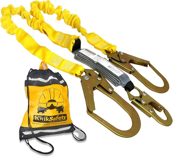 KwikSafety - Charlotte, NC - Python [External Shock Absorber] Double Leg 6ft Safety Lanyard OSHA ANSI Fall Protection Restraint Equipment Snap Rebar Connectors Construction Arborist Roofing