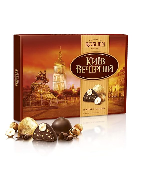 Roshen Kiev Vecherniy Chocolate Candy with Chopped and Hazelnuts Coating, Premium Gift Box 6.20oz/176 grams