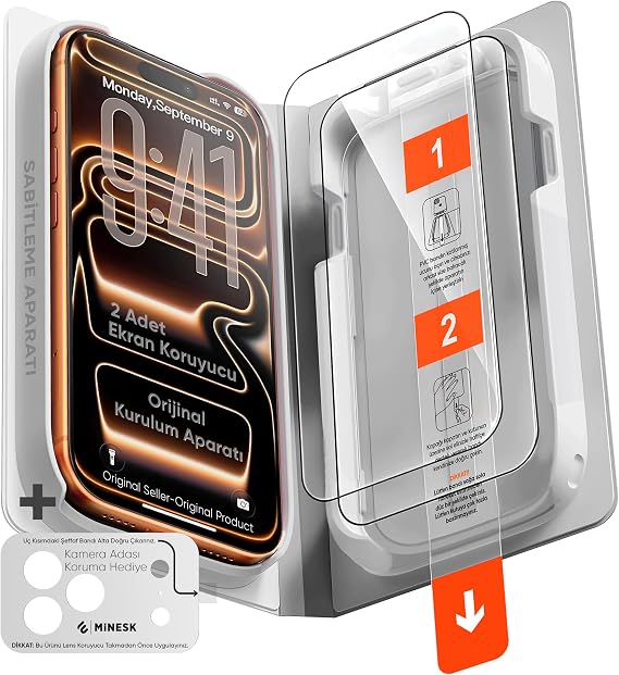 Minesk iPhone 17 PRO MAX için ULTRA EASY SUPER GLASS (2 ADET) İnce Çerçeve Temperli Cam Ekran Koruyucu Yeni Nesil Akıllı Hizalama Kutusu ile Kolay Uygulama (17 PRO MAX)