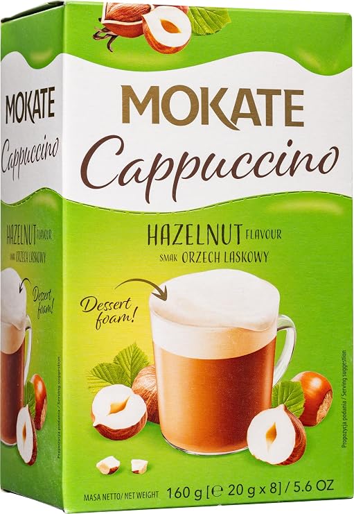 Instant Cappuccino with Hazelnut Flavor Premium Coffee Drink Mix with Sweet Creamy Foam, Rich Nutty Coffee Powder, Instant Cafe Mokate-Style Beverage, Gourmet Flavored Cappuccino, Easy Single-Serve Sachets, 8 Count (160g / 5.6oz)