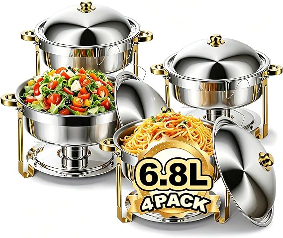 HAAYOT 6.8 Litre 4 Pack Chafing Dish for Buffet, Chafing Dish Buffet Set of 4, Round Stainless Steel 6QT Chafing Dishes and Food Warmers, Buffet Trays for Any Parties