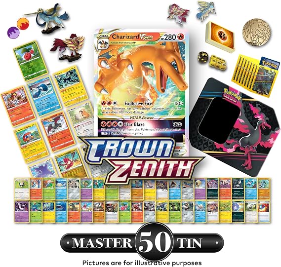 Limited Edition Pokemon Crown Zenith Mystery Tin - 50x CZ cards incl. 10x CZ Holos | 1x Ultra Rare Crown Zenith Card | Large Tin, Figures, Card Sleeves, Dice, Counters + more! | By Poke Bruvs