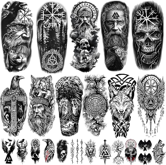 77 Sheets Viking Temporary Tattoo for Women Men, Half Arm Nordic Celtic Lion Wolf Tiger Skull Skeleton Fake Tattoos, 60 Sheets Ealge Tribal Tiny for Adult Kids Body Tattoos Stickers Realistic