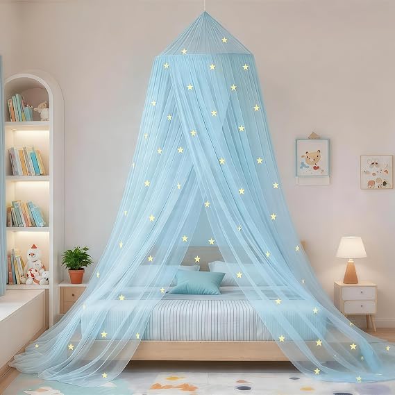 Stars Bed Canopy Glow in The Dark, Bed Canopy for Girls Mosquito Net, Princess Canopy for Girls Bed Room Decor, Blue