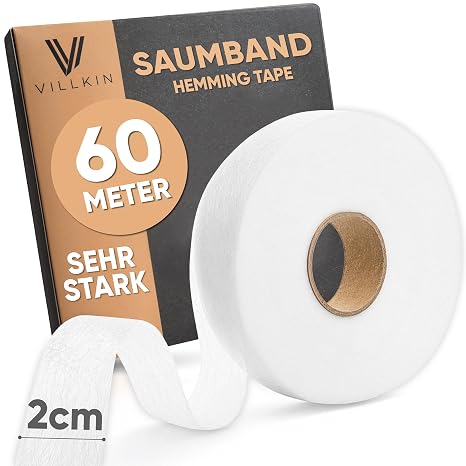 Villkin Saumband 60m Länge und 20mm Breite – Bügelband zum Aufbügeln auf Textilien wie Hosen Gardinen Vorhänge – Saumfließ (Weiß 20mm x 60m)