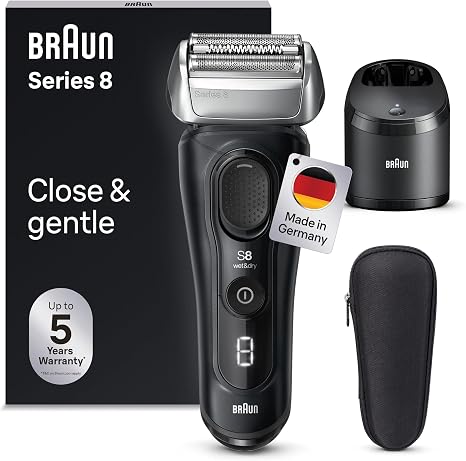 Braun Series 8 Men's Electric Shaver with 4+1 Shaving Head Electric Shaver Precision Long Hair Trimmer Cleaning Station 60 Minutes Running Time Wet & Dry Made in Germany 8560cc Black