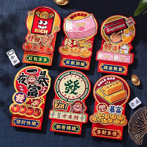 Red Envelopes for Chinese New Year 2026-6Pcs Creative Lucky Money Envelope of Cute Patterns with Wishes of Wealth Theme for Chinese to Celebrate Spring Festival and Lantern Festival
