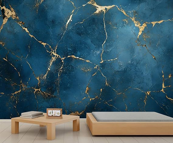 Marble Wallpaper, Modern Abstract Mural, Blue Gold Marble Large Wallpaper for Living Room, European Style Wall Mural - 100x70cm (Not Peel n' Stick)