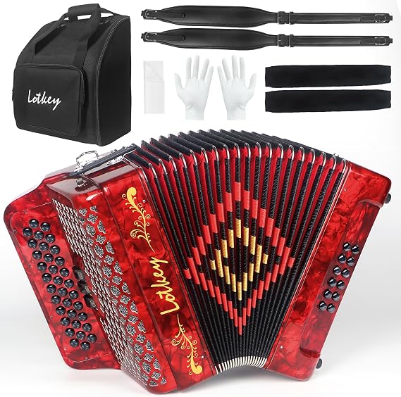 Lotkey 34 Key Diatonic Accordion, GCF 3412 Multi Tone Celluloid Accordions Louder Clearer Timbre than Plastic for Adult, Beginner, Professional with Updated Bag, Straps, Acordeon Wrist Guard