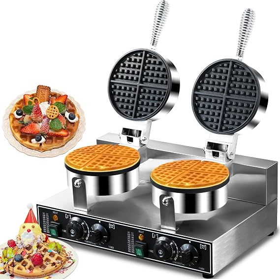 110V 2600W Commercial Double Waffle Maker,Non-Stick Commercial Waffle Baker,Stainless Steel Belgian Waffle Iron for Restaurant Party Food Stall, Bakery Snack Bar Family
