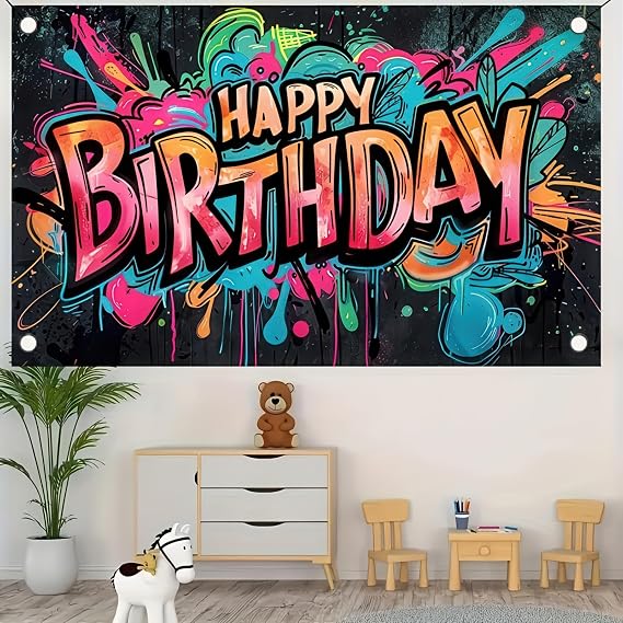 HOMETITUTE Graffiti Birthday Banner 71x43 Inch Party Decor Polyester | Happy Birthday Backdrop Banner Graffiti Art Style, Made of Polyester, Perfect for Parties and Backyard Gatherings