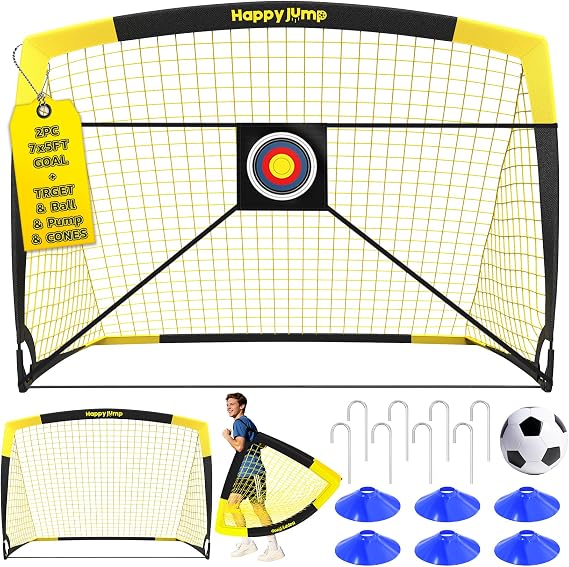 Happy Jump Portable Pop Up Football Goals – Optional Target Sheet, Ball, Pump & Cones | Weatherproof Football Nets – 3x2.2FT, 4x3FT, 5x3.6FT, 7x5FT for Garden & Outdoor Training