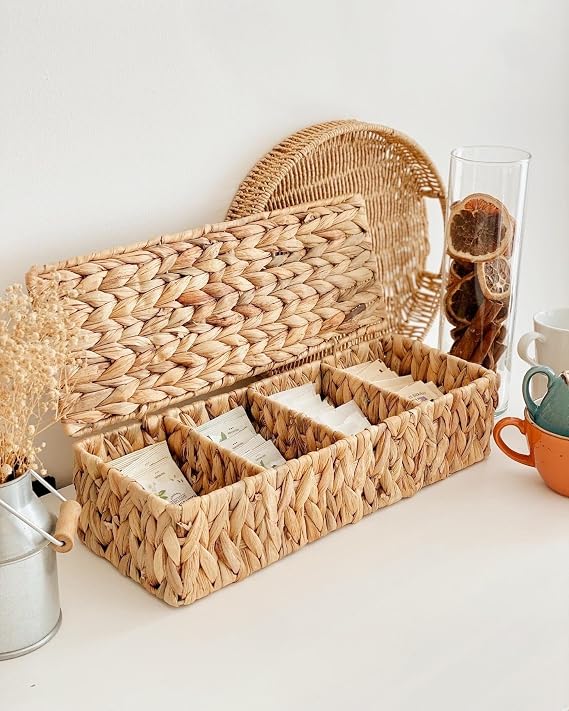 Deconox Handmade Natural Wire Mesh Rectangular Multi-Purpose 4 Compartment Cabinet Organizer with Lid (40x15x10cm)
