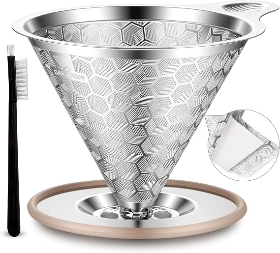 Pour Over Coffee Dripper, Triple-Layer Stainless Steel 800-Mesh Filter #4 | Paperless Reuseable, 2-4 Cups, Detachable Base, Stainless Steel 18-10, Grit-Free Coffee