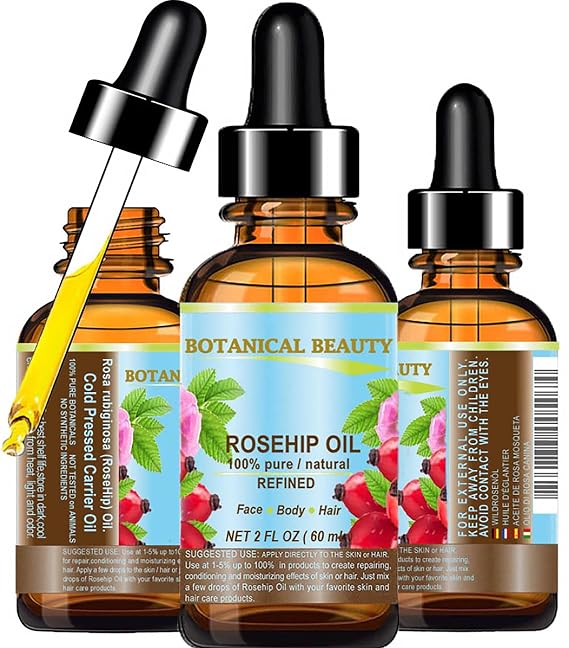 Botanical Beauty ROSEHIP SEED OIL 100% Pure Natural Refined Cold-pressed Carrier Oil For Face, Skin, Body, Hair, Lip, Nails, Rich in vitamin C, Vitamin E, Anti-Aging (2 Fl Oz 60 ml)